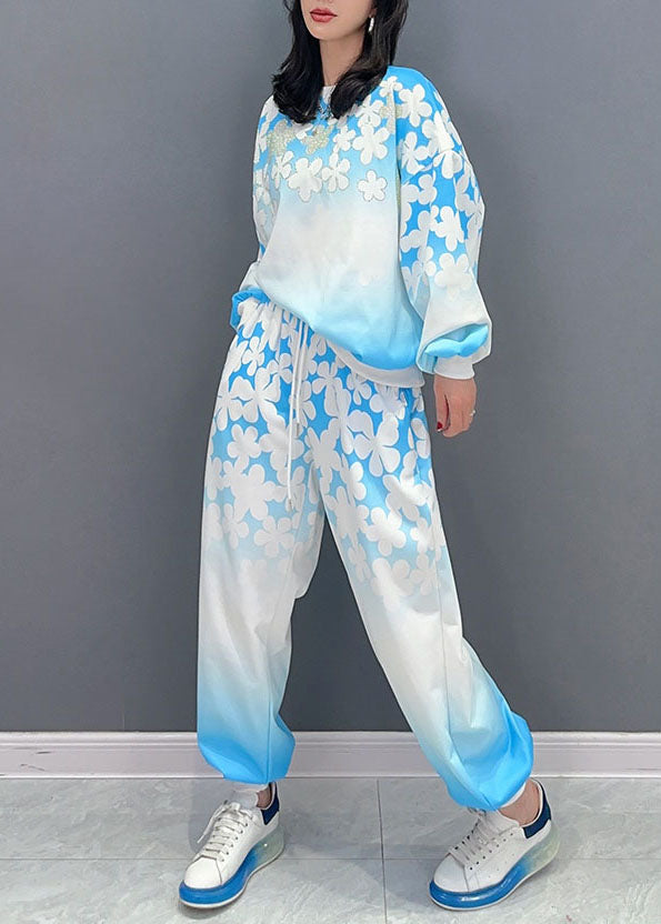 Blue Patchwork Tops and Pants Cotton Two Pieces Set O Neck Long Sleeve
