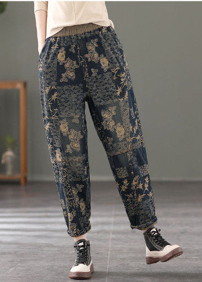 Blue Patchwork Warm Fleece Harem Pants Print Pockets Winter