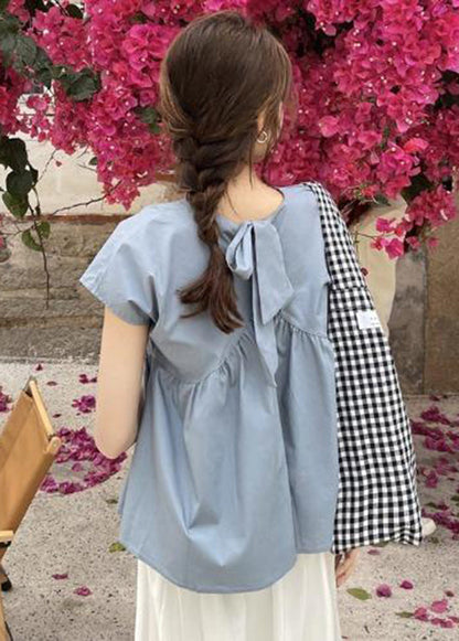 Blue Patchwork Wrinkled Cotton Shirt Tops O-neck Bow Short Sleeve
