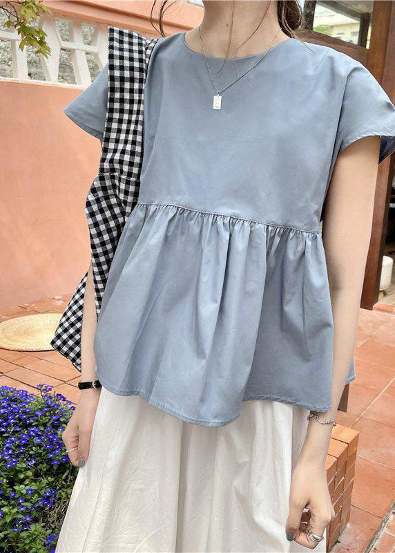 Blue Patchwork Wrinkled Cotton Shirt Tops O-neck Bow Short Sleeve