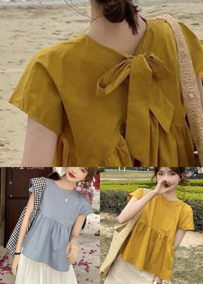 Blue Patchwork Wrinkled Cotton Shirt Tops O-neck Bow Short Sleeve