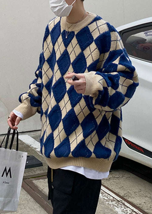 Blue Plaid Loose Knit Sweaters O Neck Fal