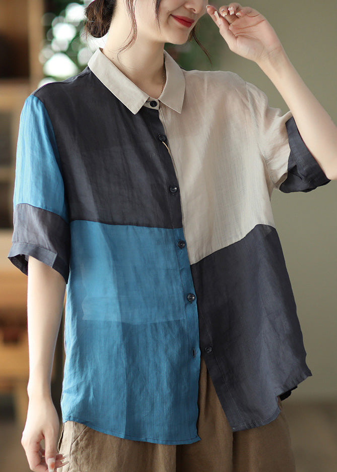 Blue Plaid Patchwork Ramie Top Short Sleeve