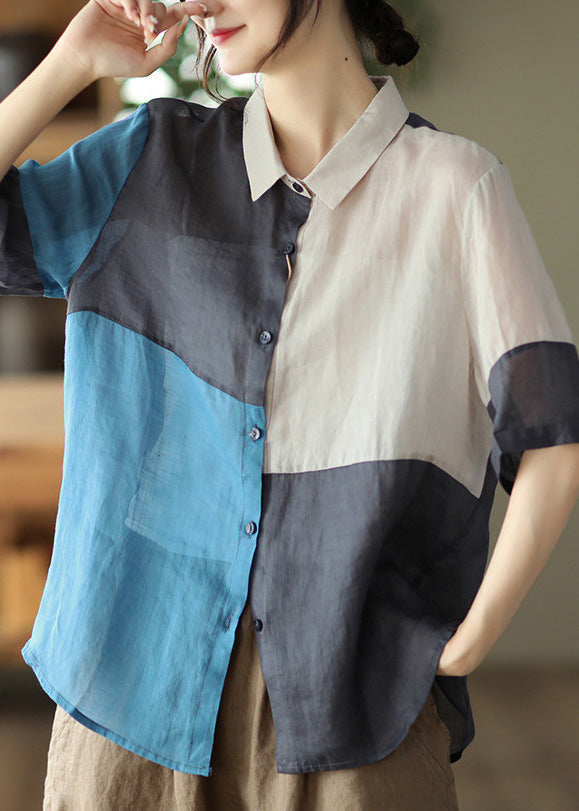 Blue Plaid Patchwork Ramie Top Short Sleeve