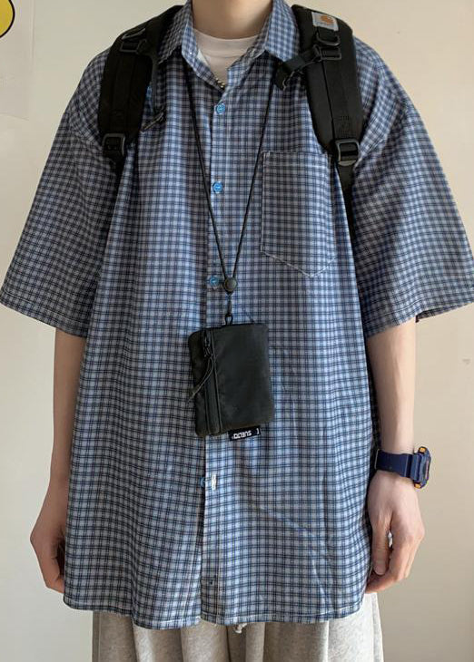 Blue Plaid Pockets Cotton Shirts Peter Pan Collar Summer