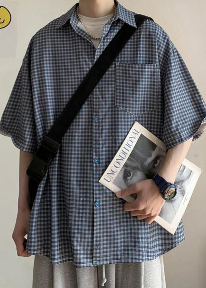 Blue Plaid Pockets Cotton Shirts Peter Pan Collar Summer