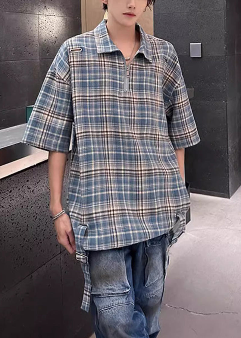 Blue Plaid Zip Up Cotton Shirts Peter Pan Collar Summer