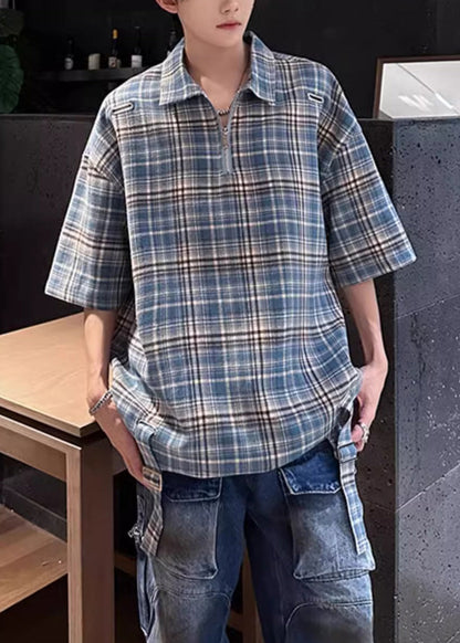 Blue Plaid Zip Up Cotton Shirts Peter Pan Collar Summer