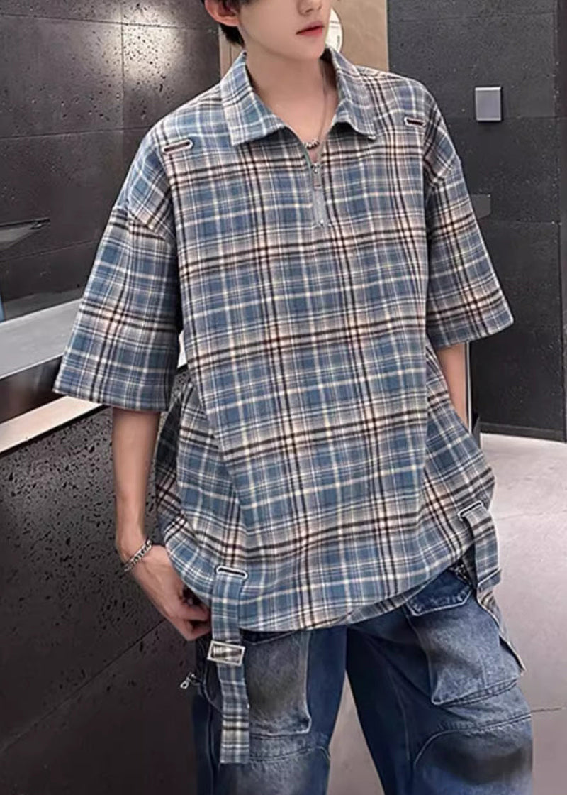 Blue Plaid Zip Up Cotton Shirts Peter Pan Collar Summer
