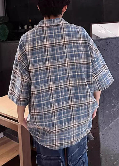 Blue Plaid Zip Up Cotton Shirts Peter Pan Collar Summer