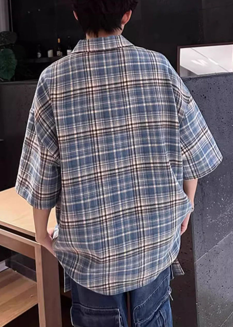 Blue Plaid Zip Up Cotton Shirts Peter Pan Collar Summer