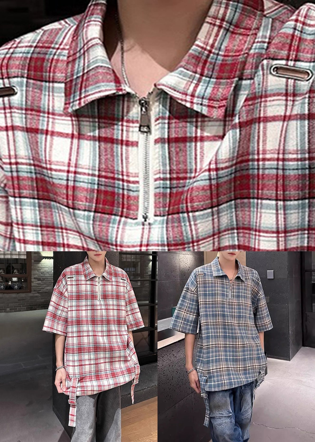 Blue Plaid Zip Up Cotton Shirts Peter Pan Collar Summer