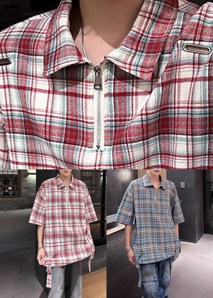 Blue Plaid Zip Up Cotton Shirts Peter Pan Collar Summer