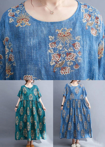 Blue Pockets Loose Cotton Dresses O Neck Short Sleeve