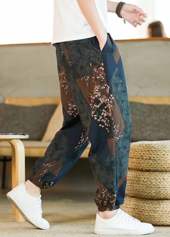 Blue Pockets Patchwork Cotton Beam Pants Elastic Waist