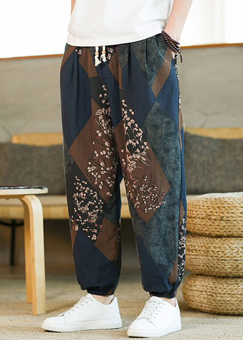 Blue Pockets Patchwork Cotton Beam Pants Elastic Waist