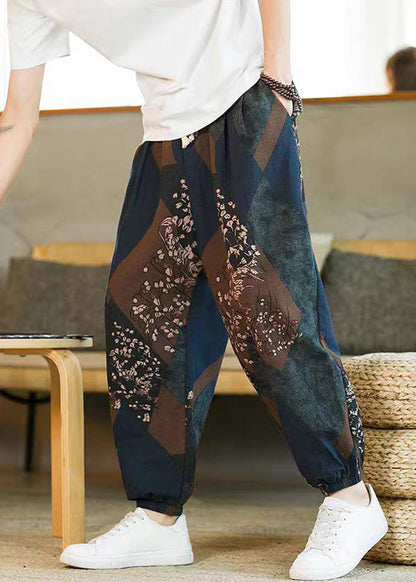 Blue Pockets Patchwork Cotton Beam Pants Elastic Waist