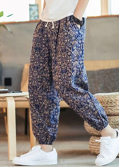 Blue Pockets Print Cotton Crop Pants Elastic Waist Summer
