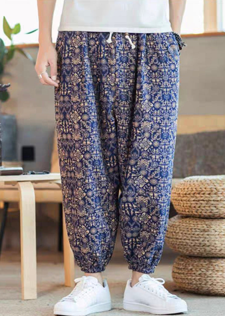 Blue Pockets Print Cotton Crop Pants Elastic Waist Summer