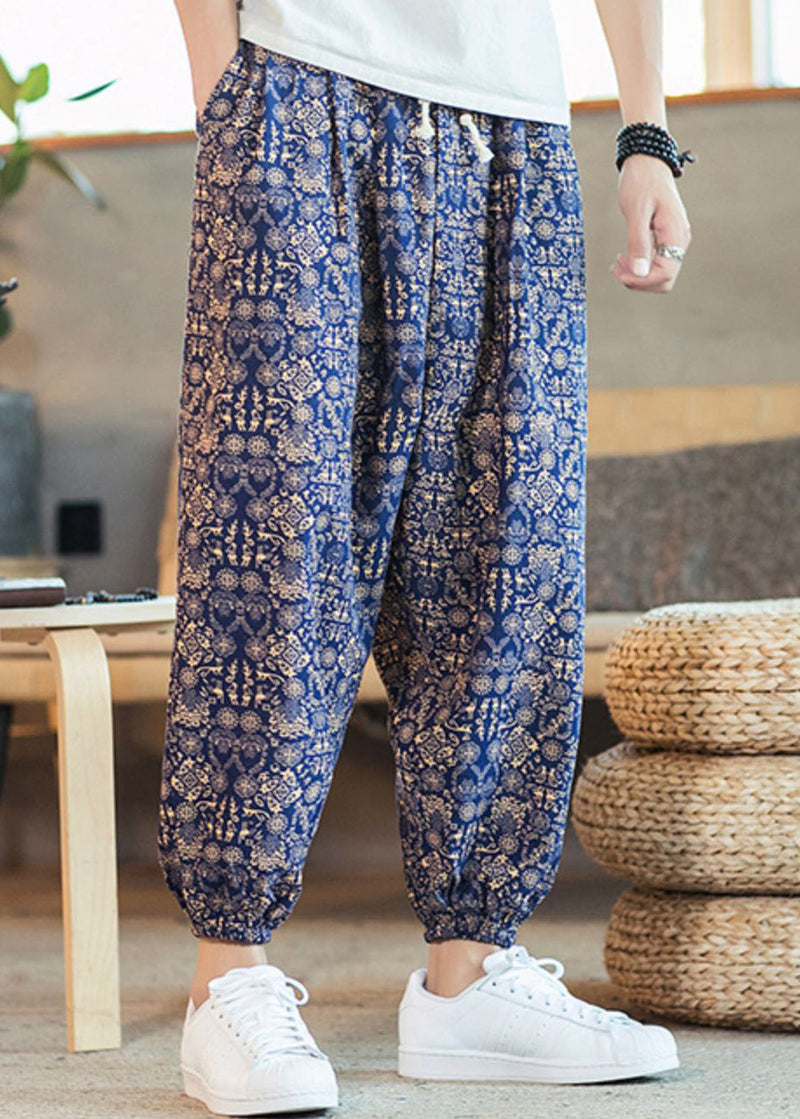 Blue Pockets Print Cotton Crop Pants Elastic Waist Summer