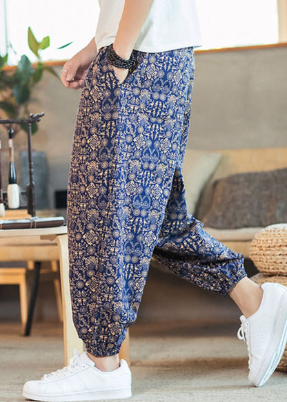 Blue Pockets Print Cotton Crop Pants Elastic Waist Summer