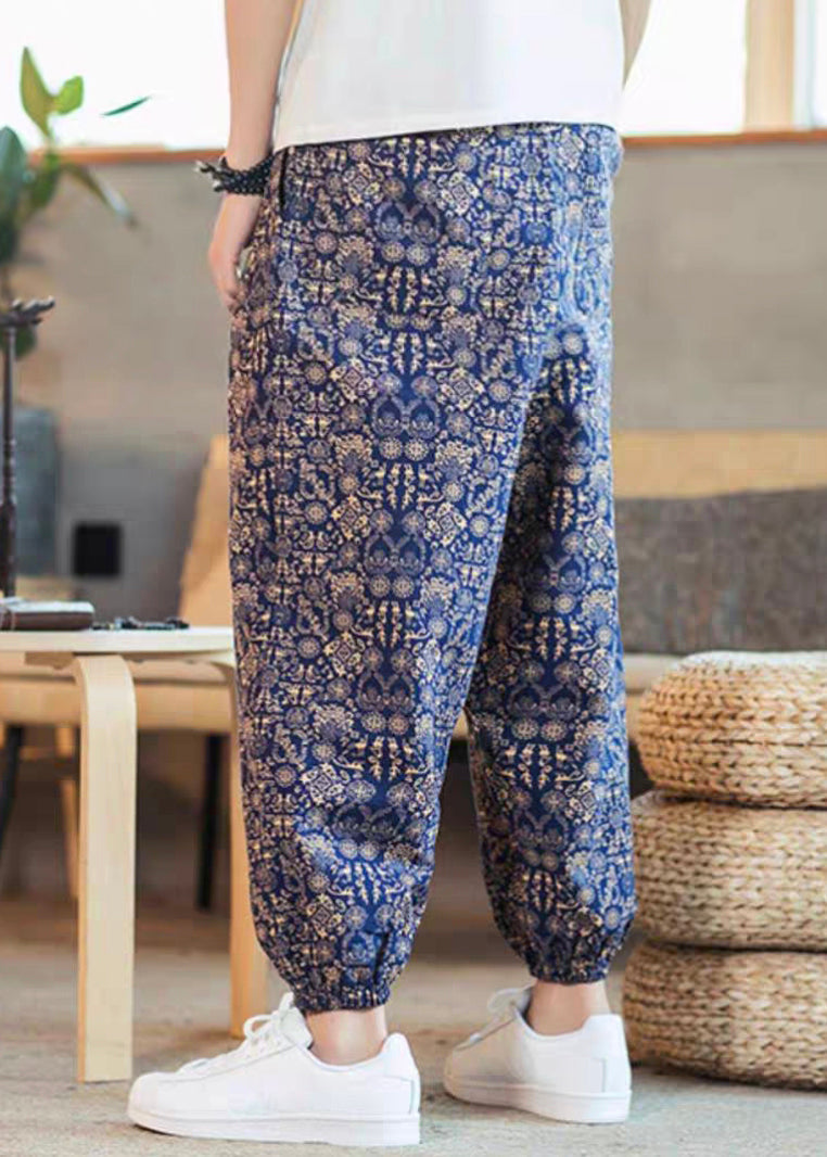 Blue Pockets Print Cotton Crop Pants Elastic Waist Summer