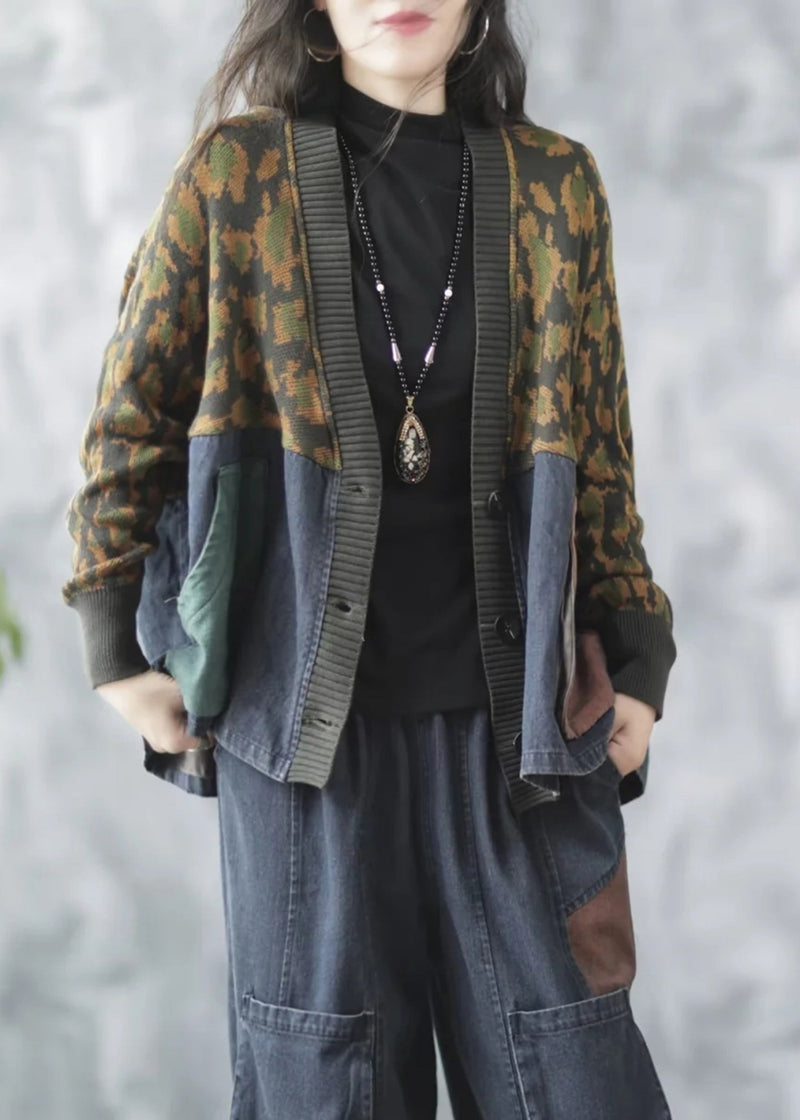 Blue Pockets Print Knit Patchwork Knit Denim Coat V Neck Fall