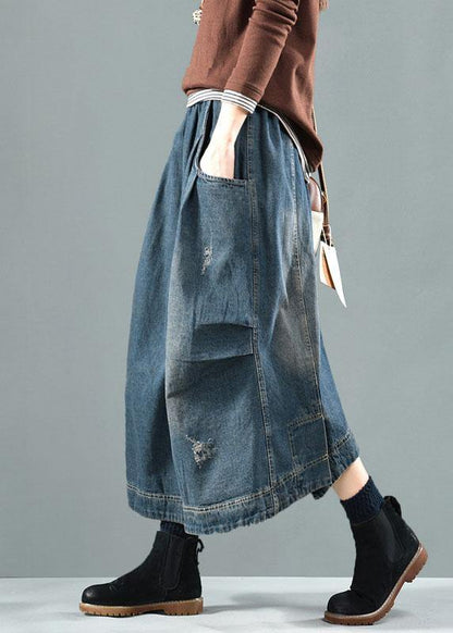 Blue-colorful Flowers Pockets Retro Patchwork Summer Skirts Denim