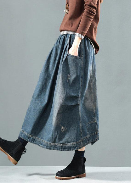 Blue-white Flower Pockets Retro Patchwork Summer Skirts Denim