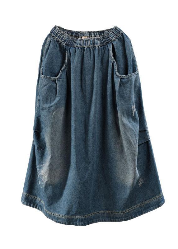 Blue-white Flower Pockets Retro Patchwork Summer Skirts Denim