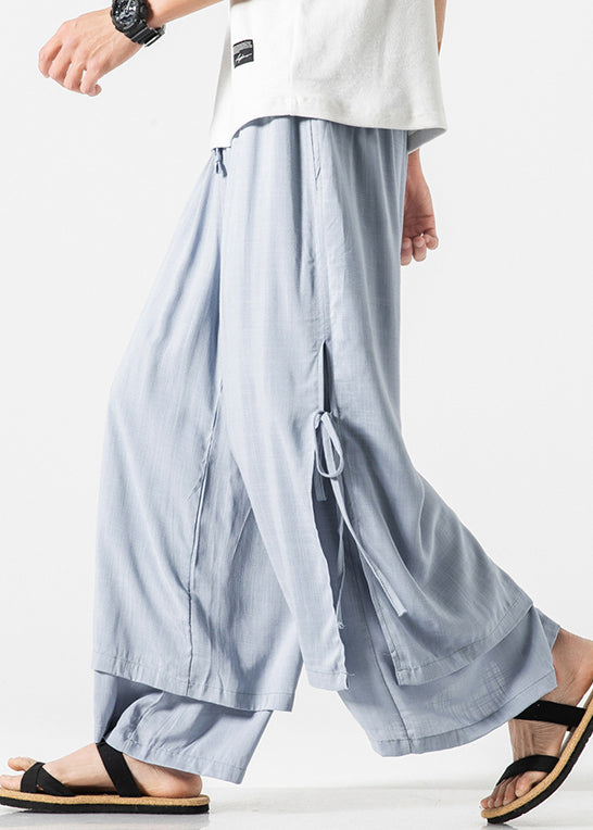 Blue Pockets Side Open Cotton Wide Leg Pants Elastic Waist