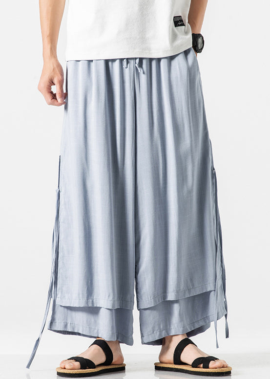 Blue Pockets Side Open Cotton Wide Leg Pants Elastic Waist