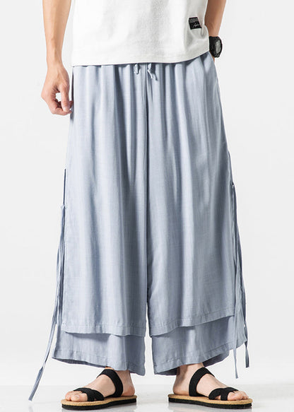 Blue Pockets Side Open Cotton Wide Leg Pants Elastic Waist