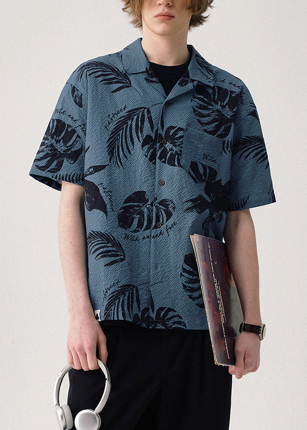 Blue Print Button Cotton Summer Shirt Peter Pan Collar