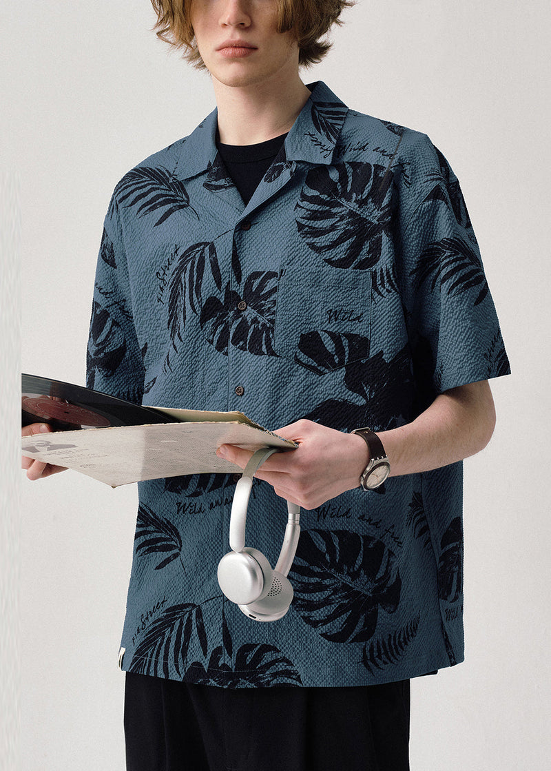 Blue Print Button Cotton Summer Shirt Peter Pan Collar