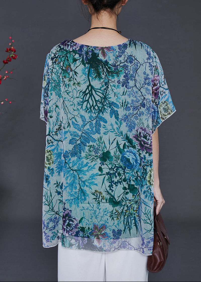 Blue Print Chiffon Blouses O-neck Oversized Summer