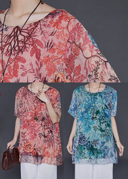 Blue Print Chiffon Blouses O-neck Oversized Summer