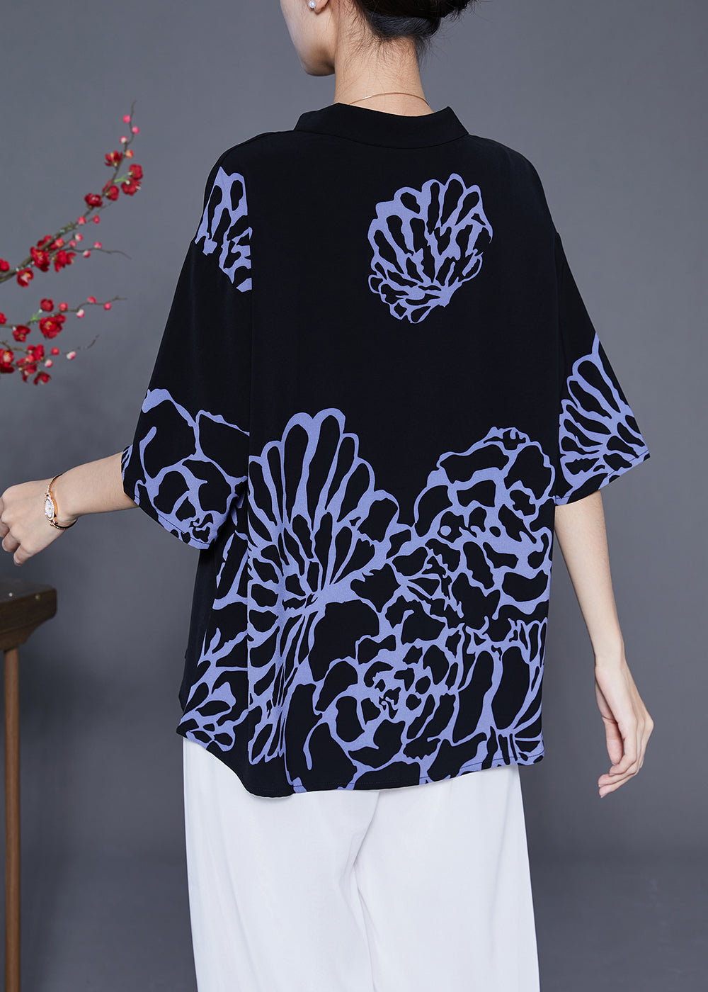 Blue Print Chiffon Blouses Peter Pan Collar Half Sleeve
