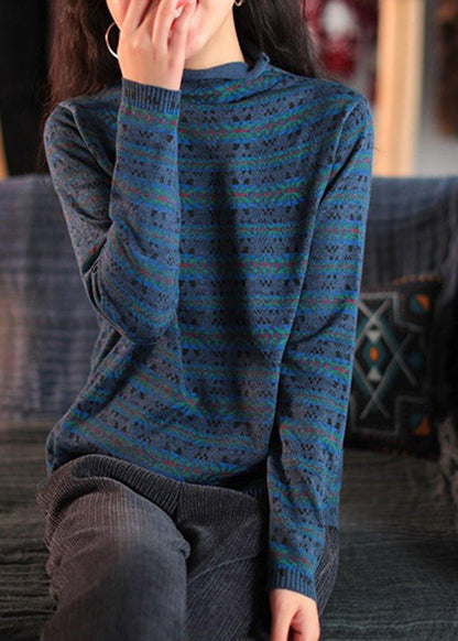 Blue Print Clothes for High Neck Patchwork Knitwear