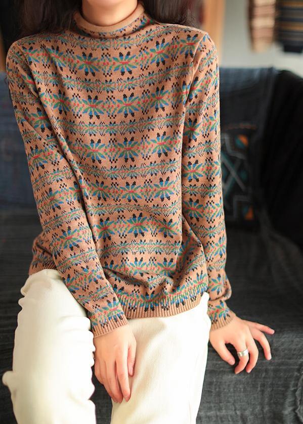 Blue Print Clothes for High Neck Patchwork Knitwear