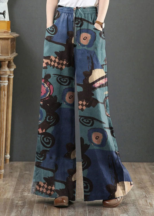 Blue Print Cotton Wide Leg Pants High Waist Pockets Summer