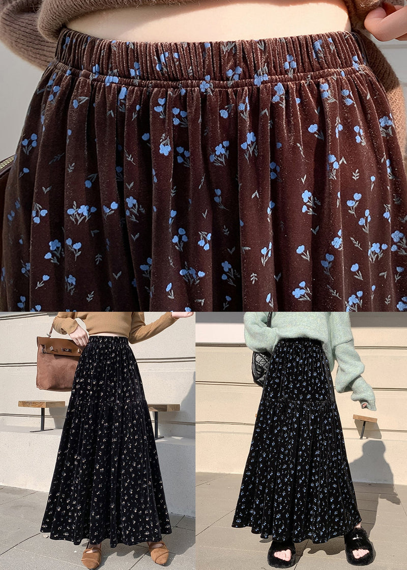 Blue Print Elastic Waist Velvet Winter Skirts Wrinkled