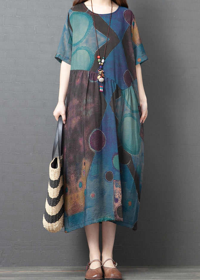 Blue Print Linen Holiday Dress O-neck Summer