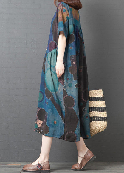 Blue Print Linen Holiday Dress O-neck Summer