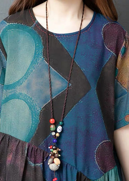 Blue Print Linen Holiday Dress O-neck Summer
