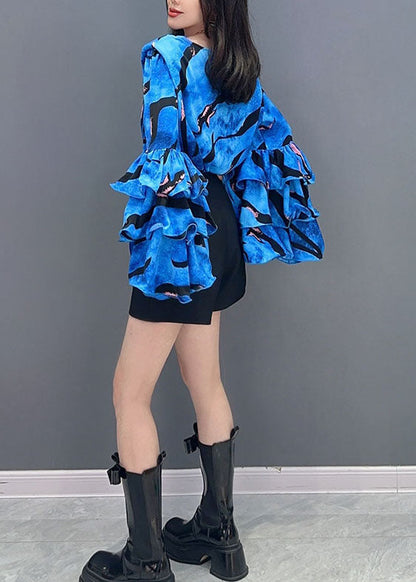 Blue Print Patchwork Cotton Top O Neck Ruffled Summer