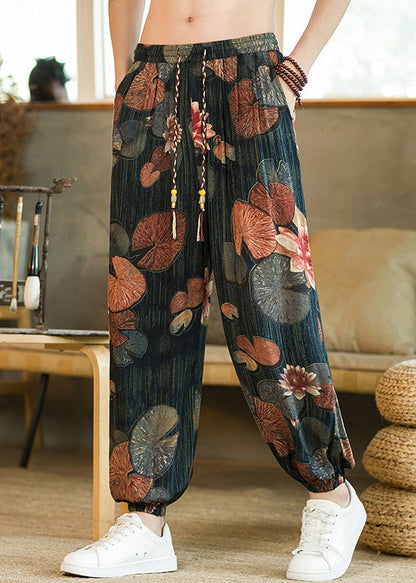 Blue Print Pockets Cotton Beam Pants High Waist