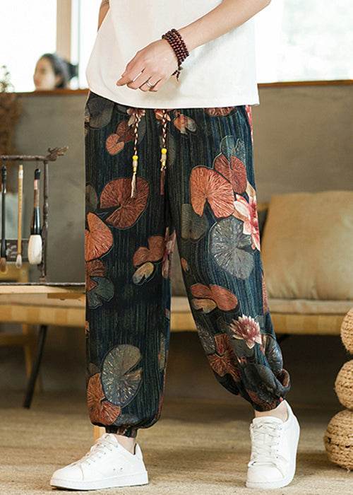Blue Print Pockets Cotton Beam Pants High Waist