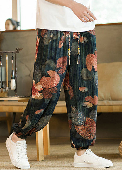 Blue Print Pockets Cotton Beam Pants High Waist