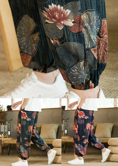 Blue Print Pockets Cotton Beam Pants High Waist
